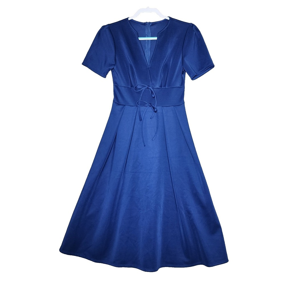 Womens Blue V-Neck Wide Waistband Short Sleeve Flare‎ Midi Dress M